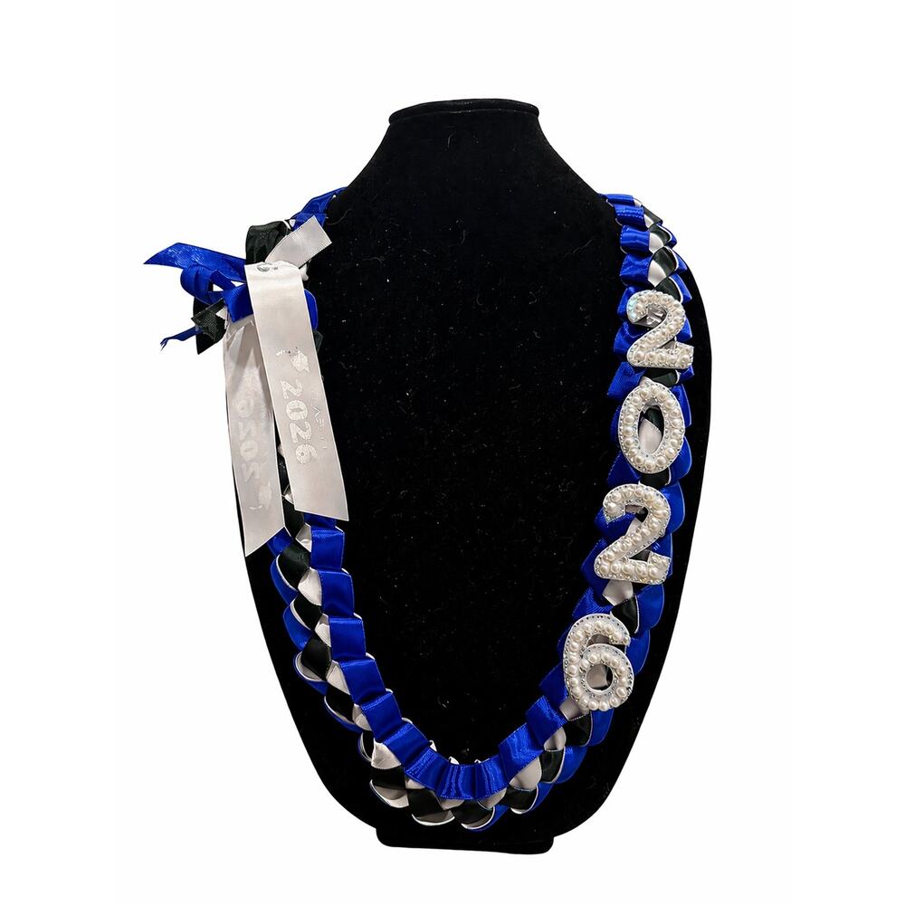 Class of 2026 Graduation Lei with Bling Beaded 2026 Red Black White Ribbon Lei